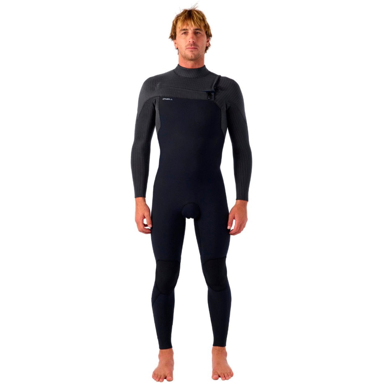 2025 O'Neill Da Uomo Hyperfreak Wind 4/3+mm Chest Zip Muta 5628 - Black / Tempered Steel